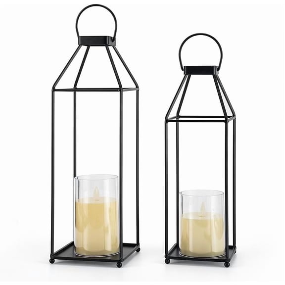 Alease Lanterns Decorative Outdoor 2PCS Living Room Decor Lantern Black Metal Lantern Front Porch Decor Lanterns Decor Indoor with LED Candle Lanterns Decor No Glass for Indoor Outdoor (Small&Large)