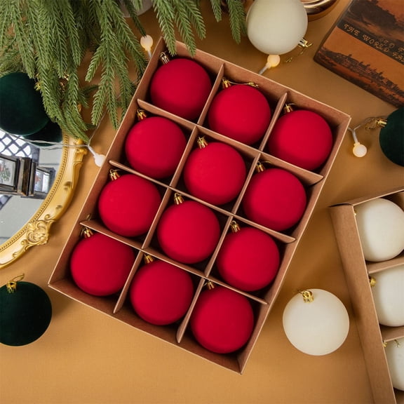 12 Pcs Christmas Tree Decorations Velvet Christmas Balls Flocked Christmas Tree Ball Ornaments Plastic Xmas Decorative Hanging Ornaments(2.36 Inch)