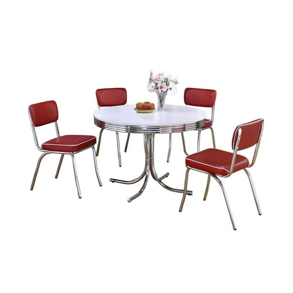 FurniFact Chic 5-Piece Round Dining Set in Glossy White and Red for Stylish Spaces