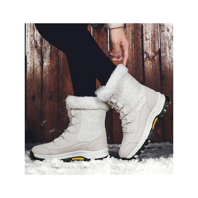 SIMANLAN Winter Snow Boots for Women Mid Calf Snow Shoes Waterproof Hiking Boots Warm Outdoor Boots Beige 8.5