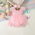 thumbnail image 4 of Riecok Baby Girl Summer Princess Romper Dress Headband Set Flutter Sleeve Sequin Smocked Ruffles 0-18 Months Pink 0 M, 4 of 8