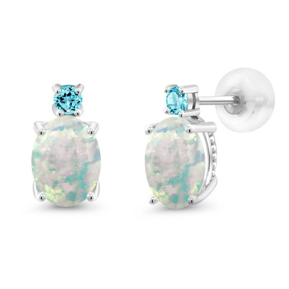 Gem Stone King 14k White Gold Simulated White Opal and Swiss Blue Topaz Earrings for Women | 2.26Cttw | Gemstone October Birthstone | Oval Cabochon 8X6MM | Round 2.5MM