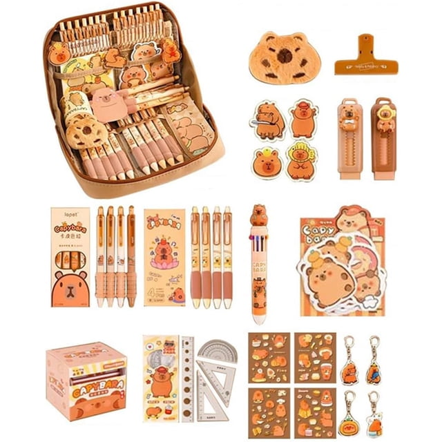 Escolares Lapicera Capibara, Kawai Juego de Papeleria de Capibaras, con Capybara Estuche para Lapices, Peluche, Regalos para Niñas y Niños