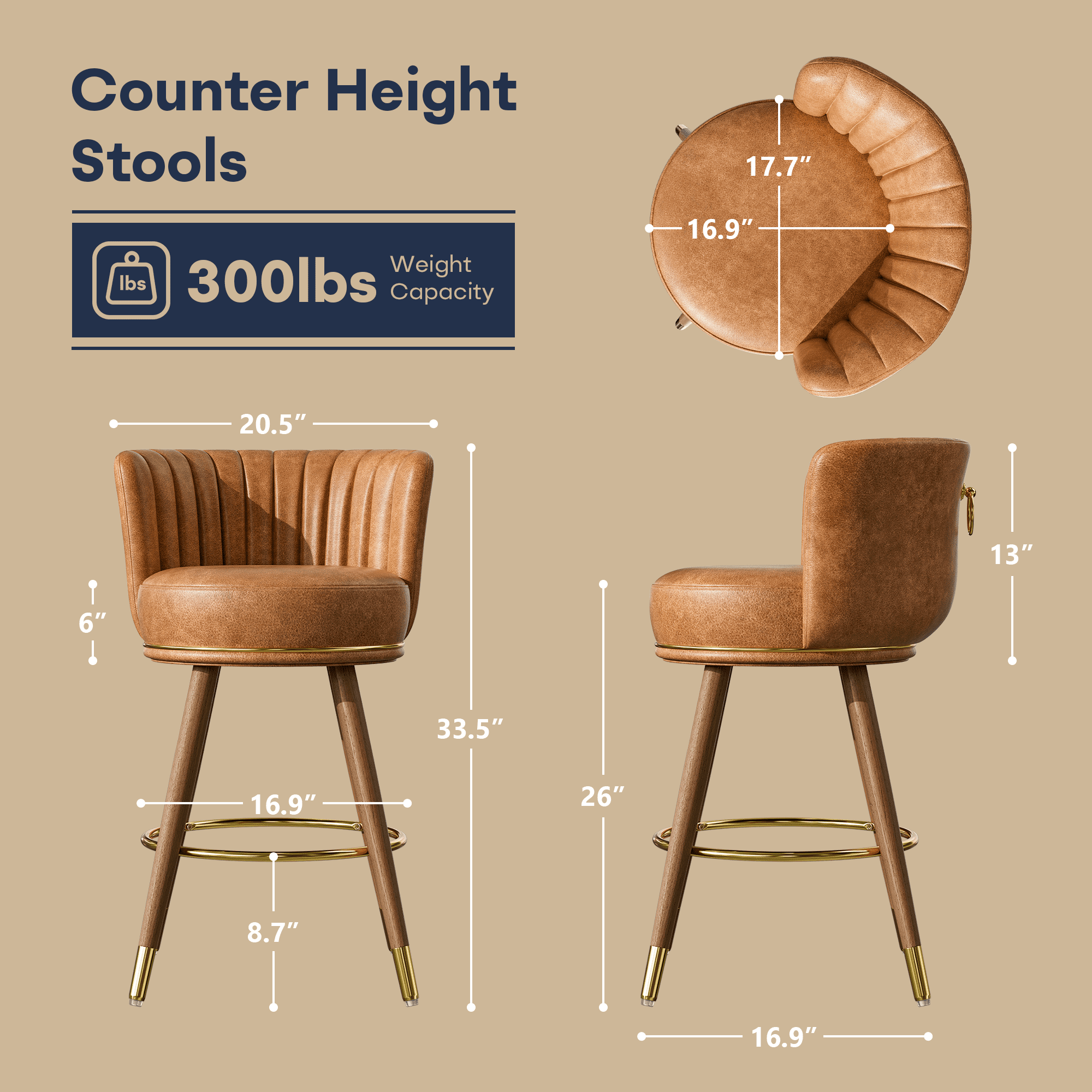 HomeZeer 26" Counter Height Bar Stools, Furniture Round Low Back Pedestal Bar Stool, PU Leather Swivel Bar Chair for Kitchen,Brown (Set of 4)