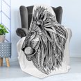 thumbnail image 4 of Lion Soft Flannel Fleece Throw Blanket, Wilderness Savannah Animal with Boho Mane Made from Leaves Illustration, Cozy Plush for Indoor and Outdoor Use, 70" x 90", Black and White, by Ambesonne, 4 of 5