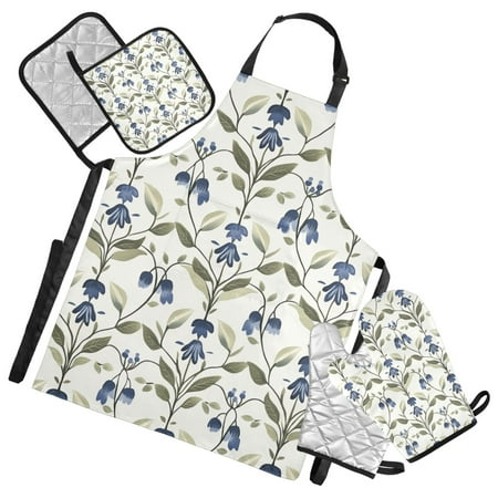 Bluebell Florals and Leaves Retro Apron Set with Oven Mitts Pot Holders Set of 5 Kitchen Stuff Accessories