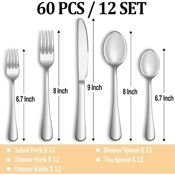 YUYAN-60 Piece Silverware Set Service for 12,Premium Stainless Steel Flatware Set,Mirror Polished Cutlery Utensil Sets,Durable Home Kitchen Eating Tableware Sets,Include Fork Knife Spoon,Dishwasher S