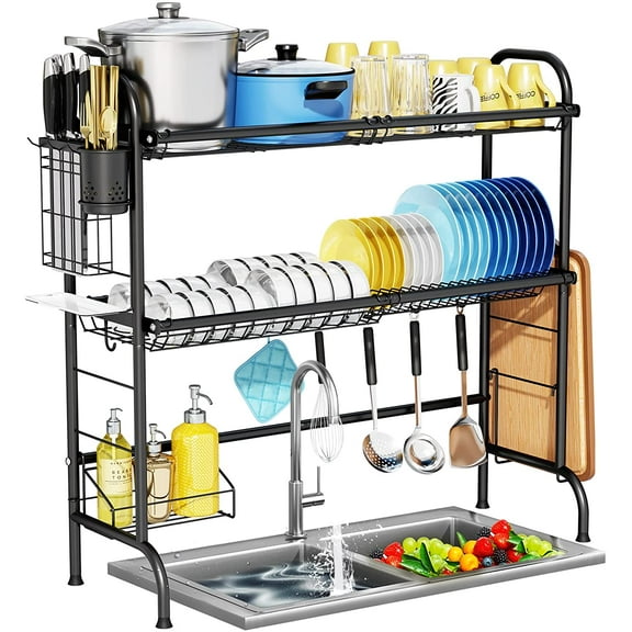 HOWDIA Stainless Steel 2-Tier Over The Sink Dish Drying Rack with Utensil Holder, Large, for Kitchen Counter