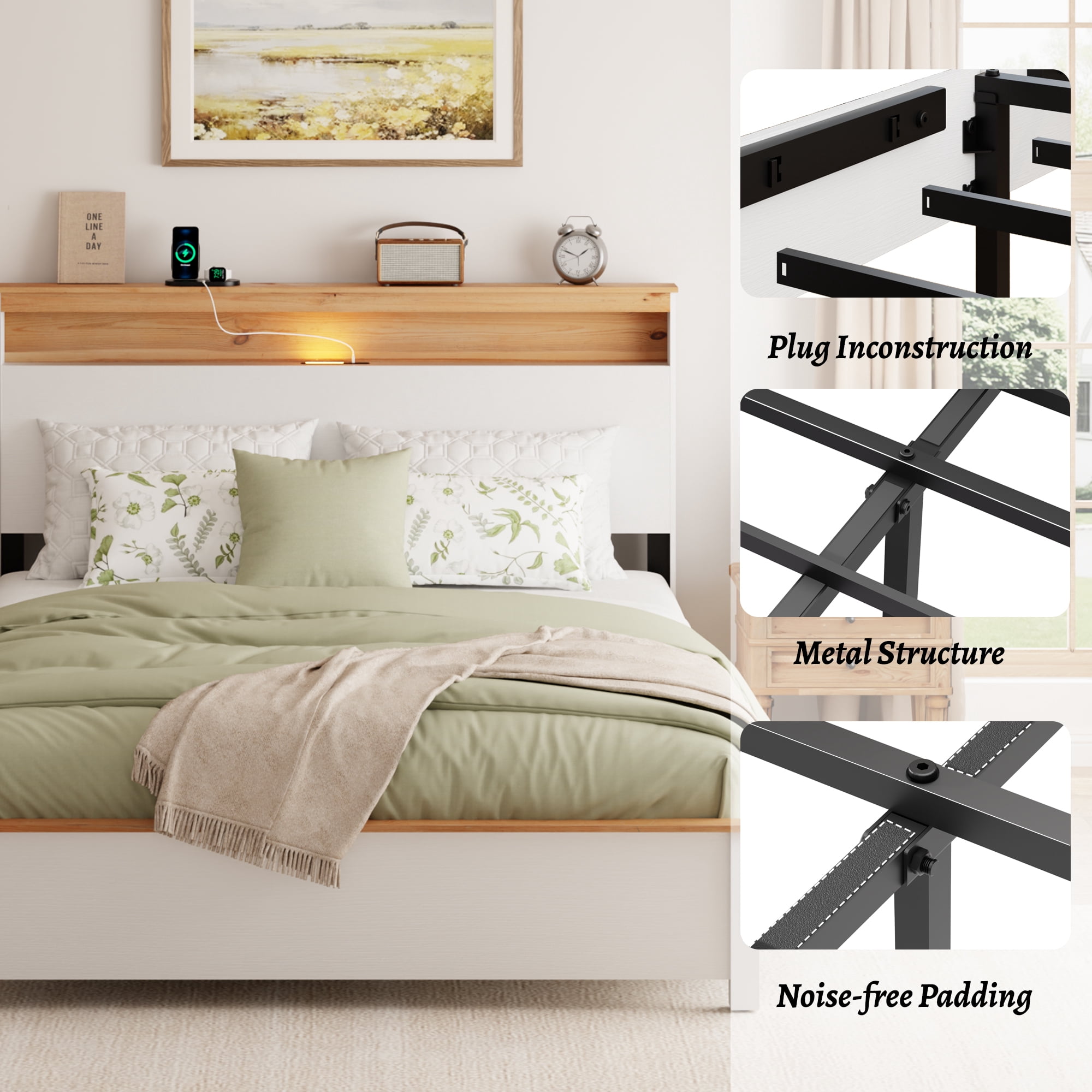Queen Size Farmhouse Bed Frame with Storage Headboard, Wooden Platform Bed with Charging Station & LED Lights, Strong Metal Slats Support, No Box Spring Needed, White Oak Finish