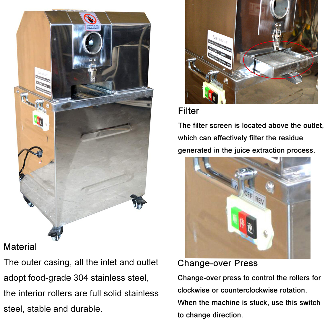 INTBUYING Electric Sugarcane Juicer Ginger Sorghum Press Extractor 4 Rollers 304 Stainless Steel
