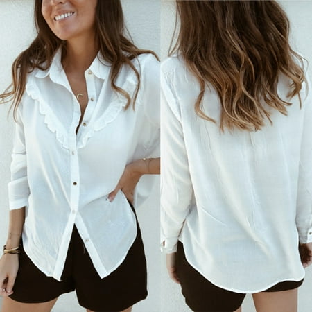 New Women Pleated White Business Casual Long-sleeved (Best Business Casual Stores)