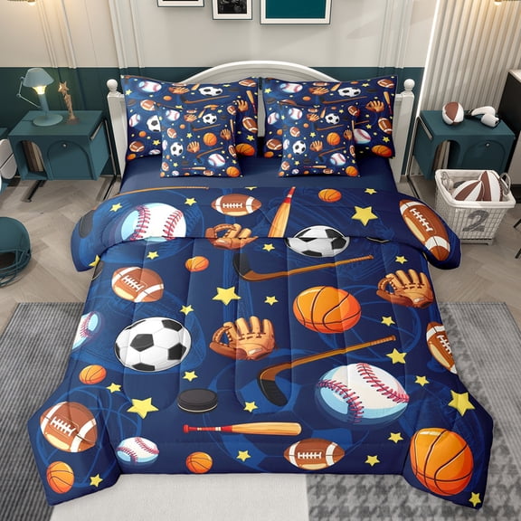 Homewish Cartoon Ball Print Twin Bedding Sets 7-Piece for Kid, Football Baseball Basketball Bedding Comforter Set, Sports Theme Reversible Sheet Sets, Lightweight Room Decor