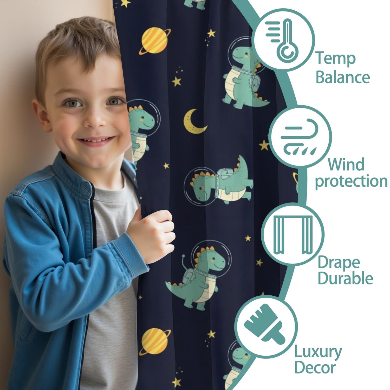 Blackout Kids Curtains,Dark Blue Dinosaurs Space Pattern Childrens Insulated Curtains Set Of 2,Bedroom Essentials,Toddler Room Decor 52"x63"