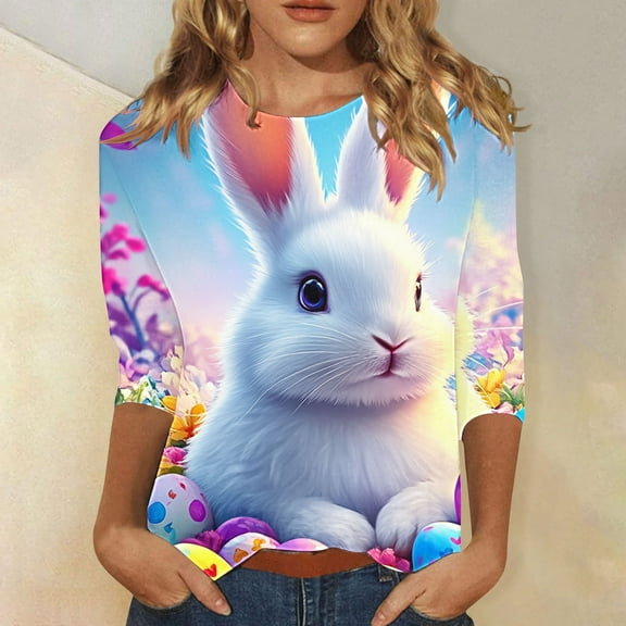 Fznquz Happy Easter T-Shirts for Women Round Neck Bunny White T Shirts Casual Cute Graphic Eggs Floral Women Tops L