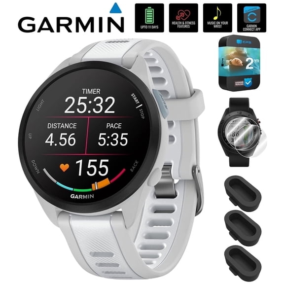 Garmin 010-02863-31 Forerunner 165 Music Smart Sport Watch, Mist Gray Whitestone Bundle with Silicone Dust Cover 3 Pack, 2X 1.2 Inch Screen Protector and 2 Year Extended Warranty