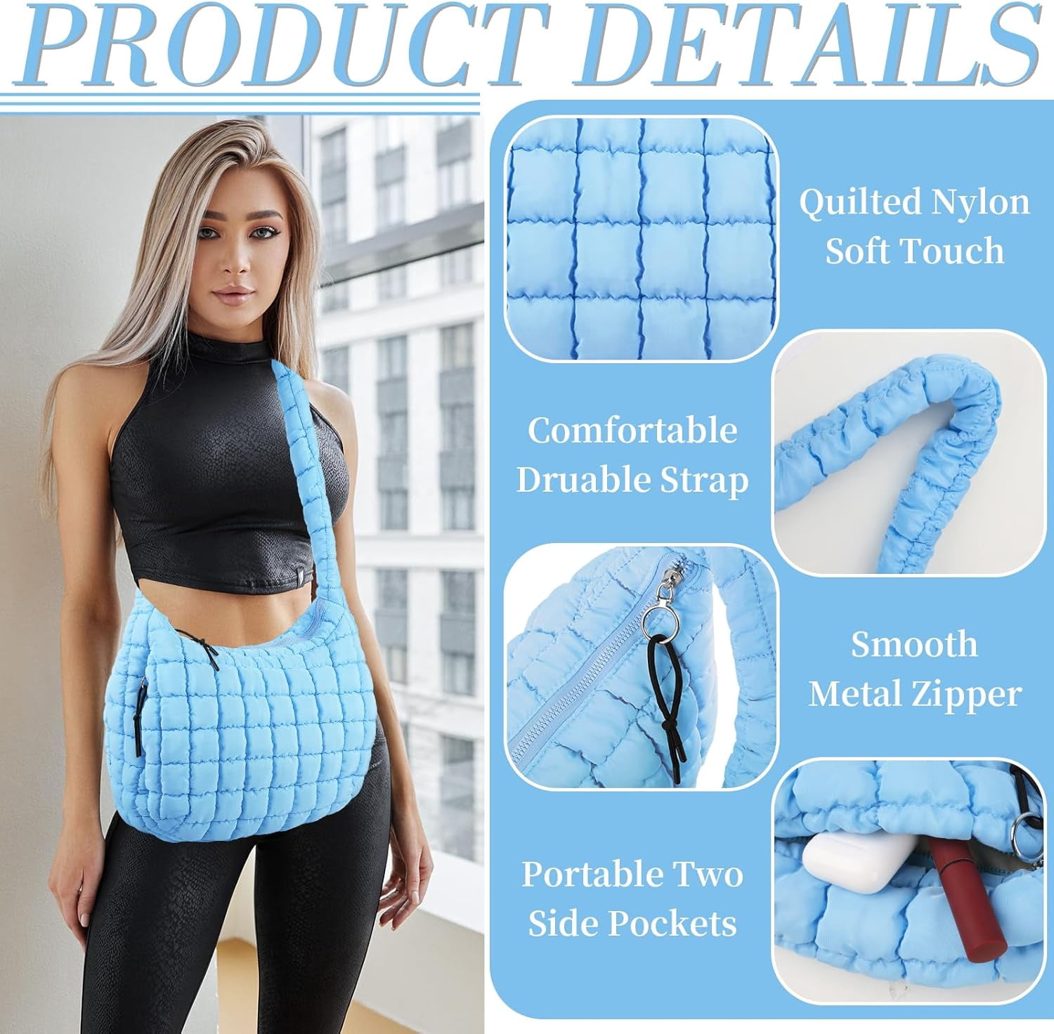 Lohol Quilted Puffer Tote Bag for Women - Large Crossbody Bag, Lightweight Nylon Puffy Carryall Hobo Puff Shoulder Bag-Blue