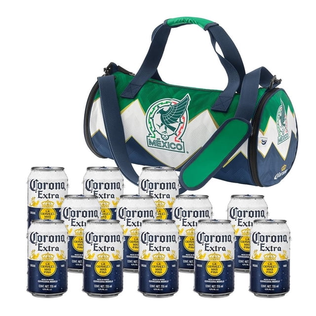 Cerveza Corona Extra 12 latones de 355ml c/u tipo pilsner dorada y refrescante con maleta para gym coleccionable edición especial México, lata azul y dorada con logo Corona Extra, maleta verde, blanca y azul con logo México y diseño zigzag, ideal para transportar bebidas.