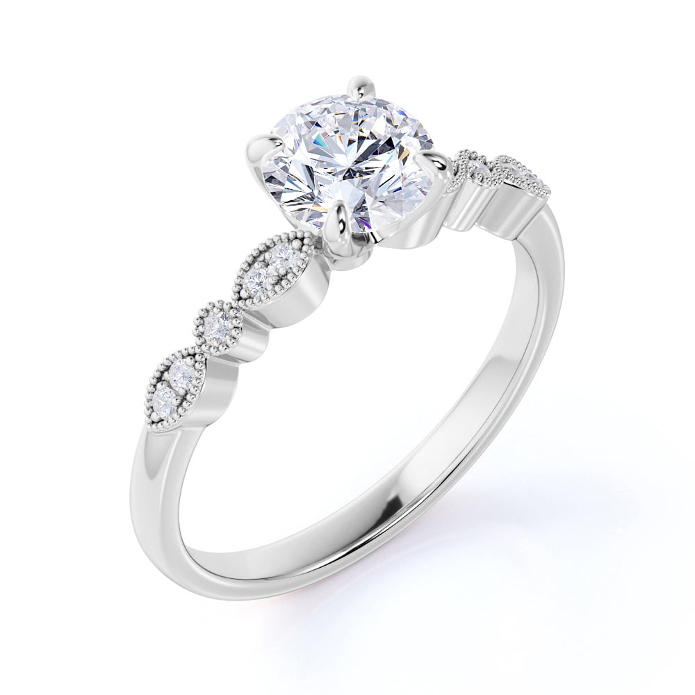 JeenMata 1 Carat Round cut Moissanite Engagement Ring in 18k White Gold Over Silver