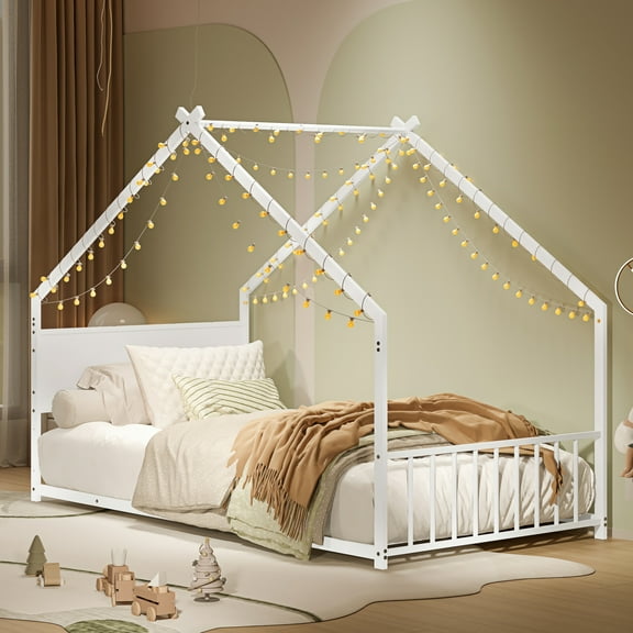 Twin Size House Bed with Roof and Colorful Lights, Metal Bed Frame with Slats and Legs, House Bed for Boy, Girls and Young Teens, No Box Spring Needed (White)