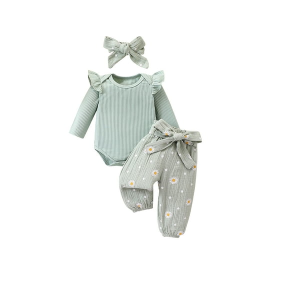 Suealasg Baby Girl Outfit Newborn Girl Spring Fall 4Pcs Clothes 3 6 12 18 24 Months Infant Girl Long Sleeve Ribbed Romper Daisy Print Pants Belt Headband Sets