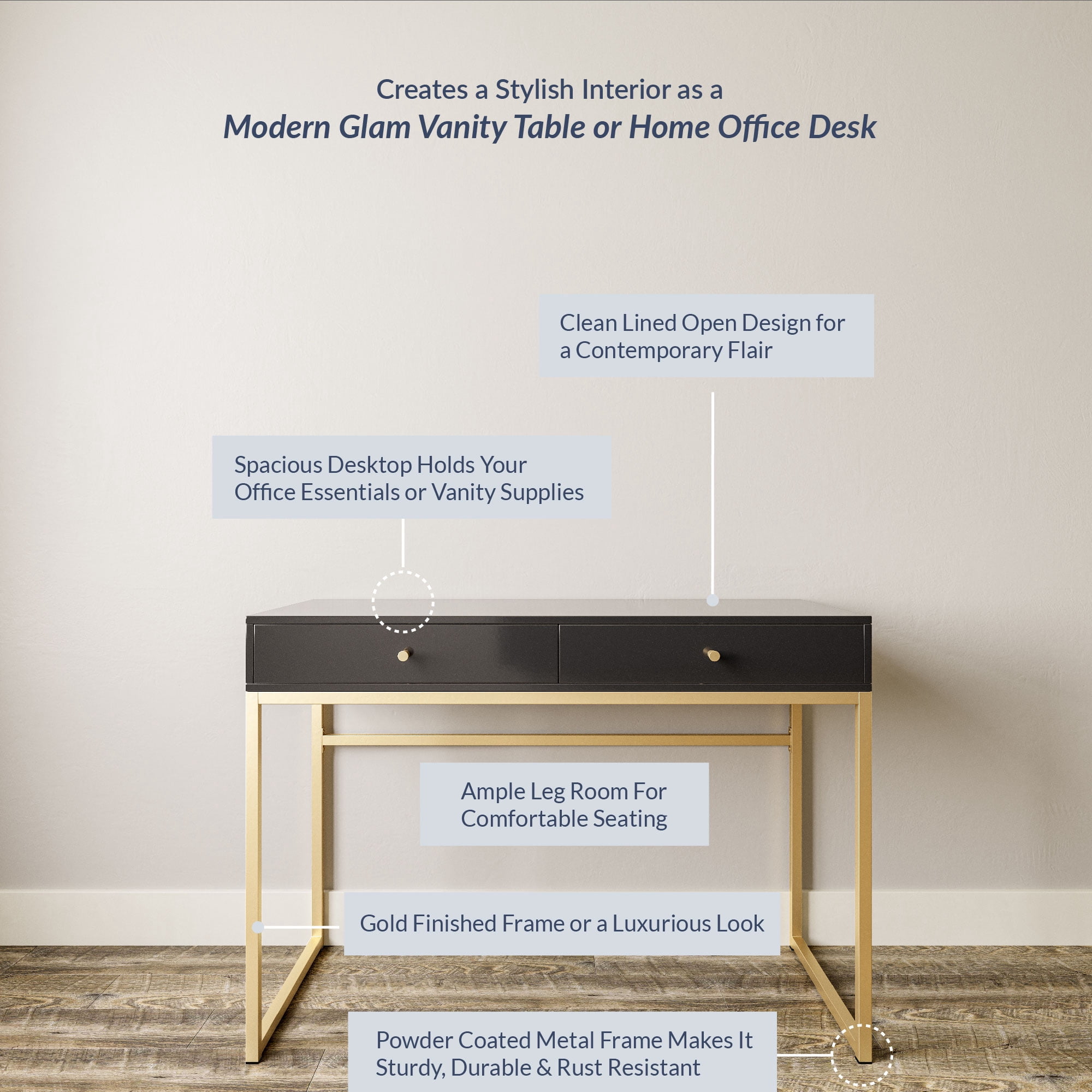 BELLEZE Vanity Table, Home Office Computer Desk - Bronte (Black)