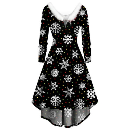 

Honeeladyy Women Long Sleeve Christmas Printed Furry V-Neck Draw Back Swing Party Dress Sales Online