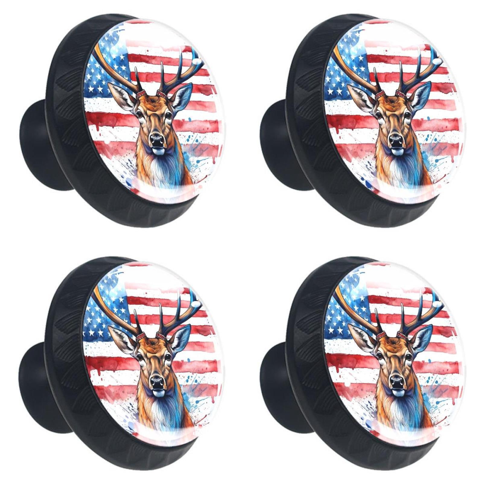 4 Pcs Deer and American Flag Knobs for Kitchen Cabinet Cupboard Dresser Bookcase Drawer Pulls Handles Round Home Decor