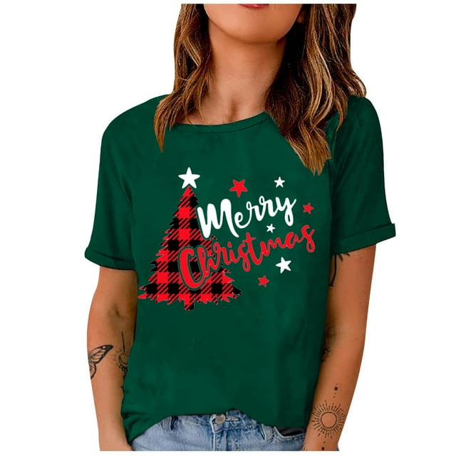 Mode Femme T-Shirt Uni de Noël à Col Rond à Manches Courtes Imprimé Blouse Ample Hauts