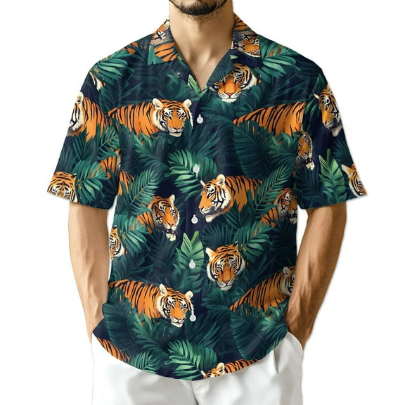 Netecom Amazing Tiger Hawaiian Shirt for Men, Button Down Summer Beach Short Sleeve, Tropical Style, Sizes S-5XL