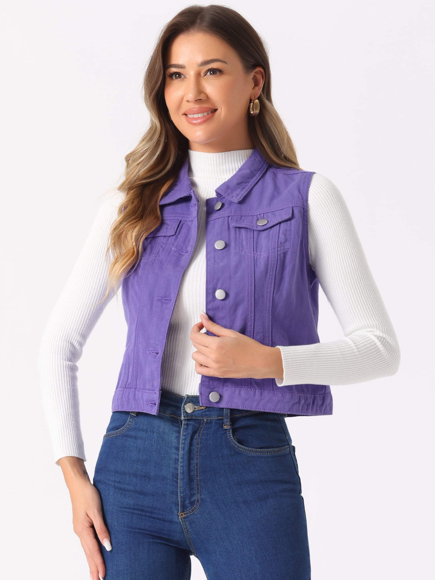 DARING DIVA Women's Denim Sleeveless Flap Pockets Vest Jacket XL Purple