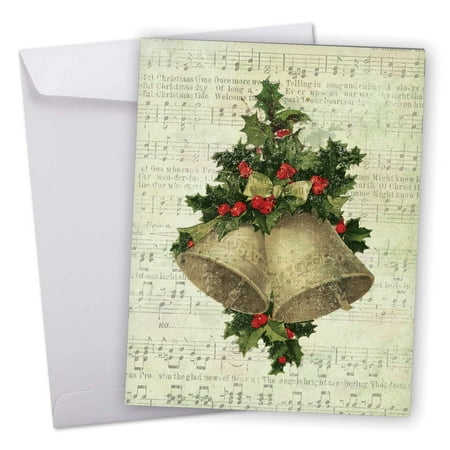 J6650HXSG Large Merry Christmas Card: 'Holly Notes' Featuring Festive Holiday Foliage Atop Vintage Christmas Carol Song Sheets Greeting Card with Envelope by The Best Card