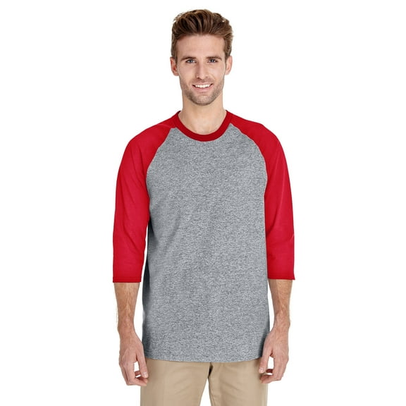 Gildan Raglan Three-Quarter Sleeve T-Shirt for Men’s GR57 Heavy Cotton Crew Neck Tee Sport Grey/ Red, S