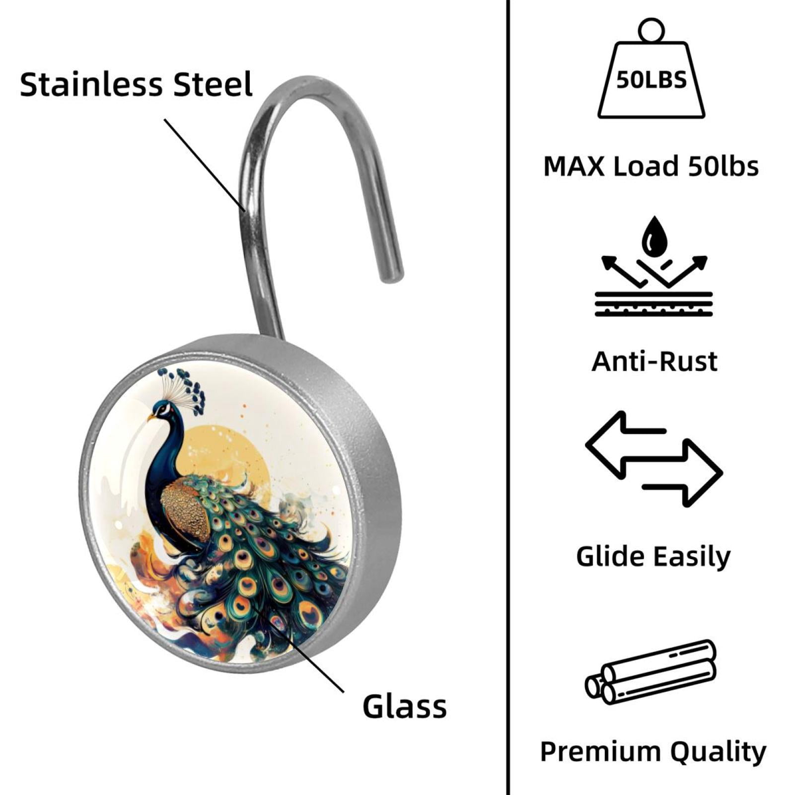 12pcs Decorative Shower Curtain Hooks, Rust Resistant Shower Rings for Bathroom Living Room,Rustproof Stainless Steel Rings for Shower Curtain and Liner Rods,Peacock Illustration