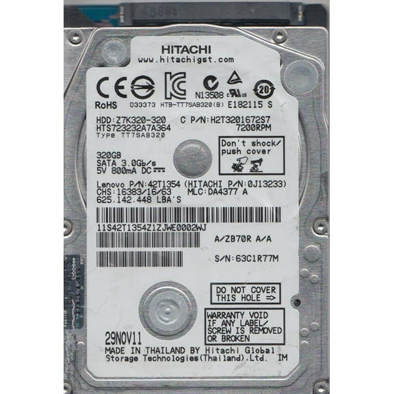 HTS723232A7A364, PN 0J13233, MLC DA4377, Hitachi 320GB SATA 2.5 Hard Drive