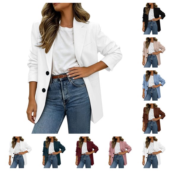 SAWOBUUN Blazers for Women Business Casual Long Sleeve Button Down, Breasted Notch Lapel, Open Front Suit Jacket, Dressy Work Blazer with Pockets, Winter Fall Outfits