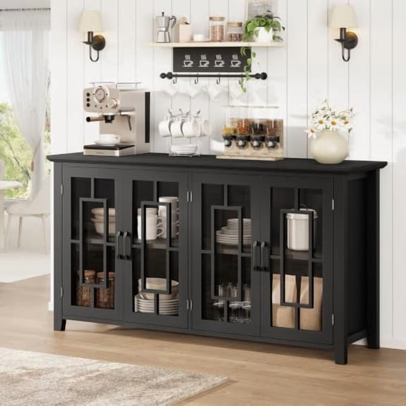 63‑Inch Sideboard Buffet Cabinet with 4 Tempered‑Glass Storage Doors