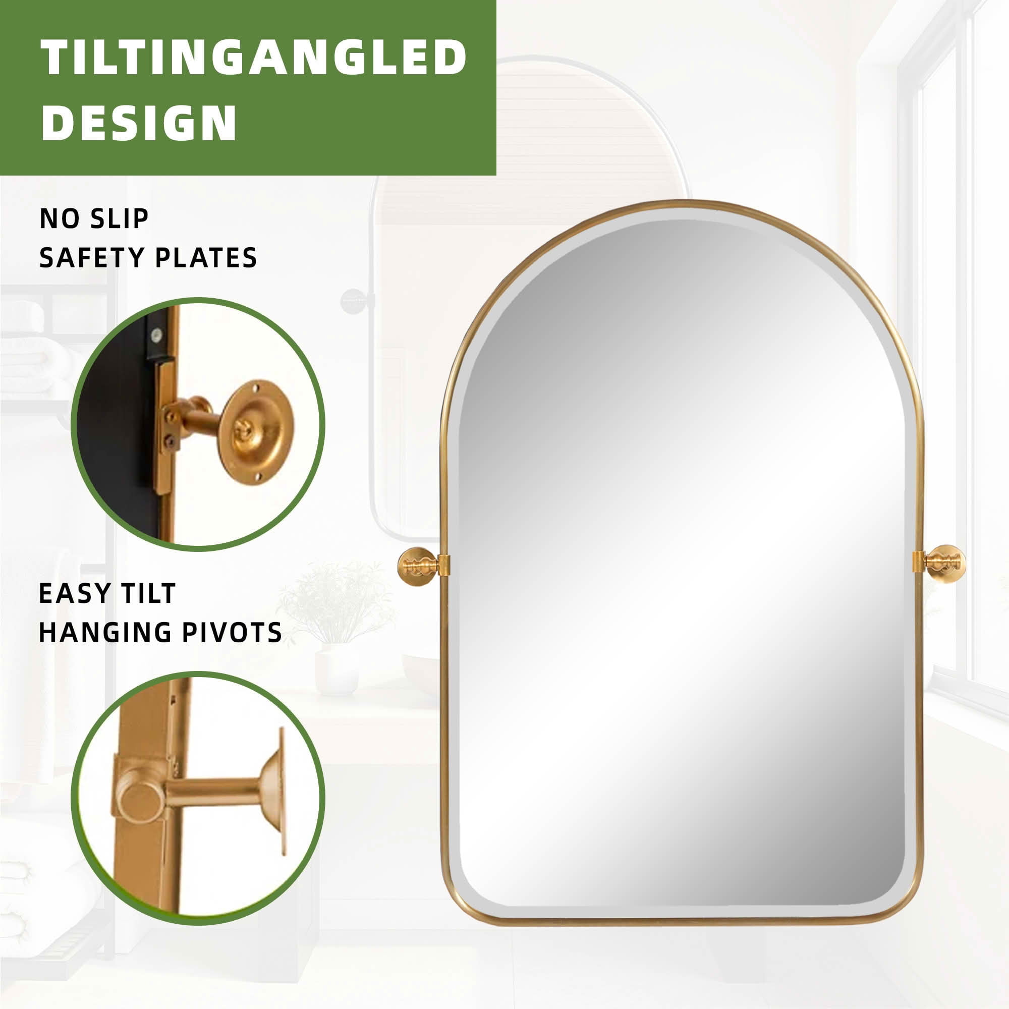 MAYEERTY 36x24 Inch Gold Metal Round Corner Arched Swivel Wall Mounted Mirror for Bathroom