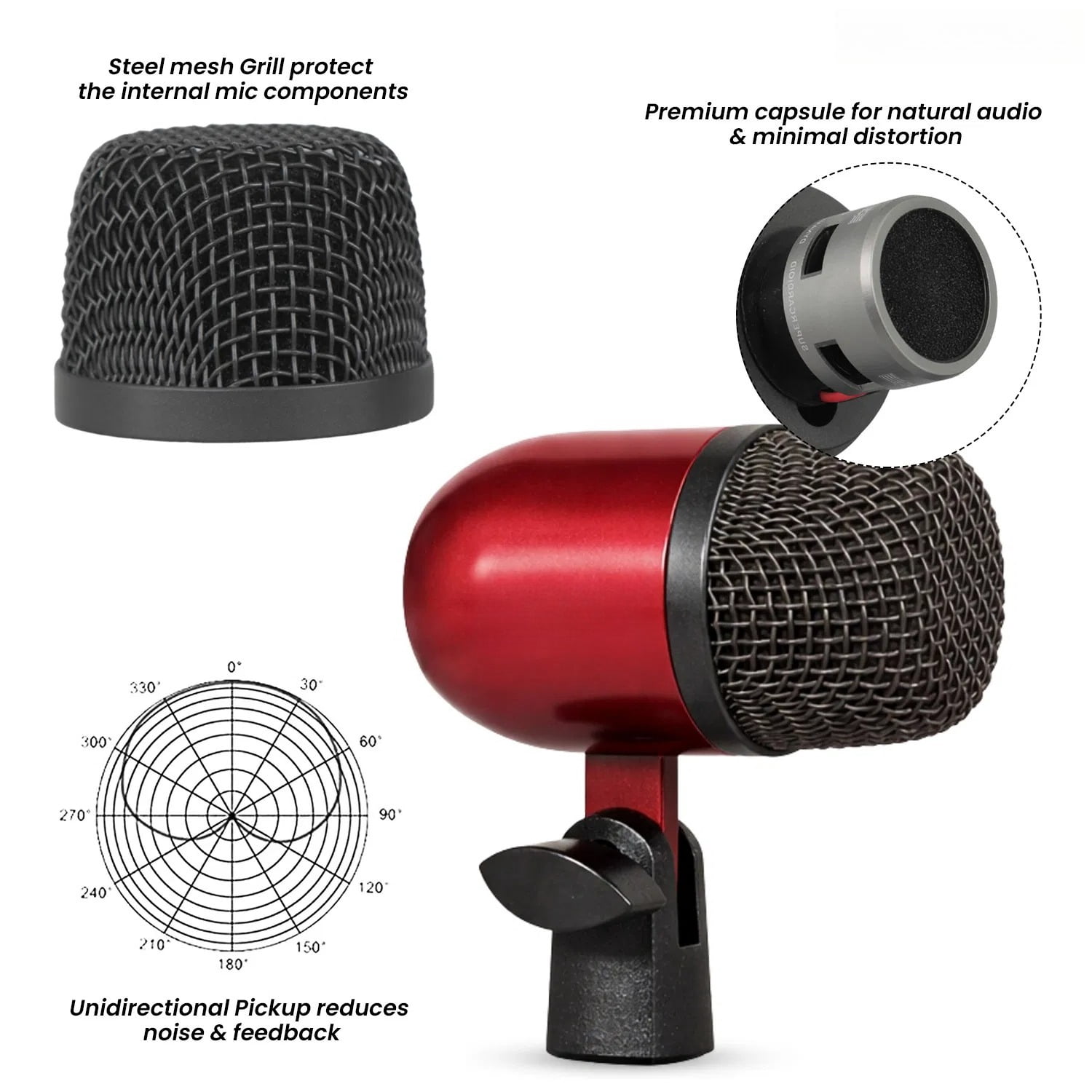 Bass Microphone, Portable Microphone, Clip-on Microphone, with Desktop Stand and XLR Interface, Suitable for Recording Studios and Concerts