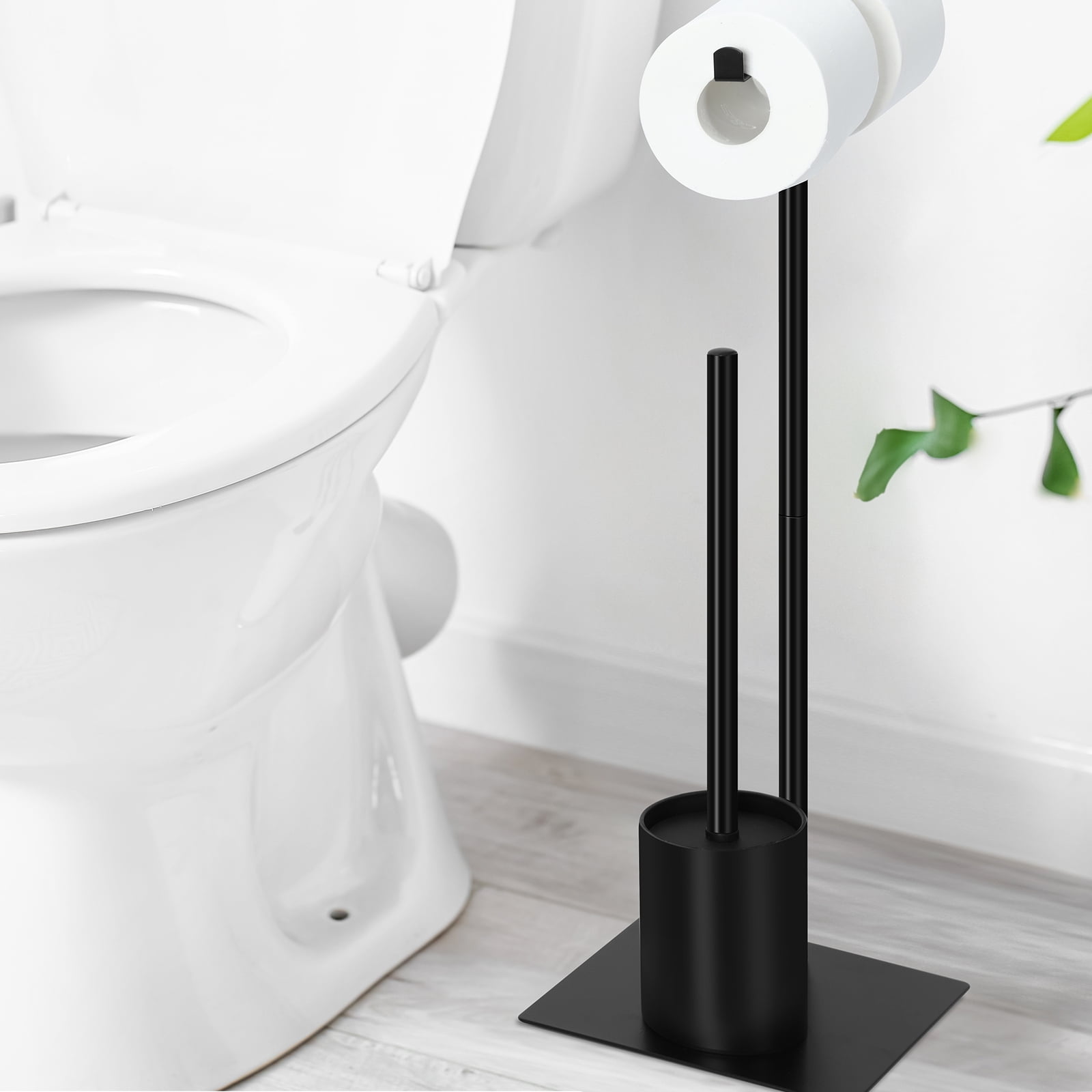 Freestanding Floor Toilet Paper Holder Metal with Toilet Brush Bathroom Black Set of 2