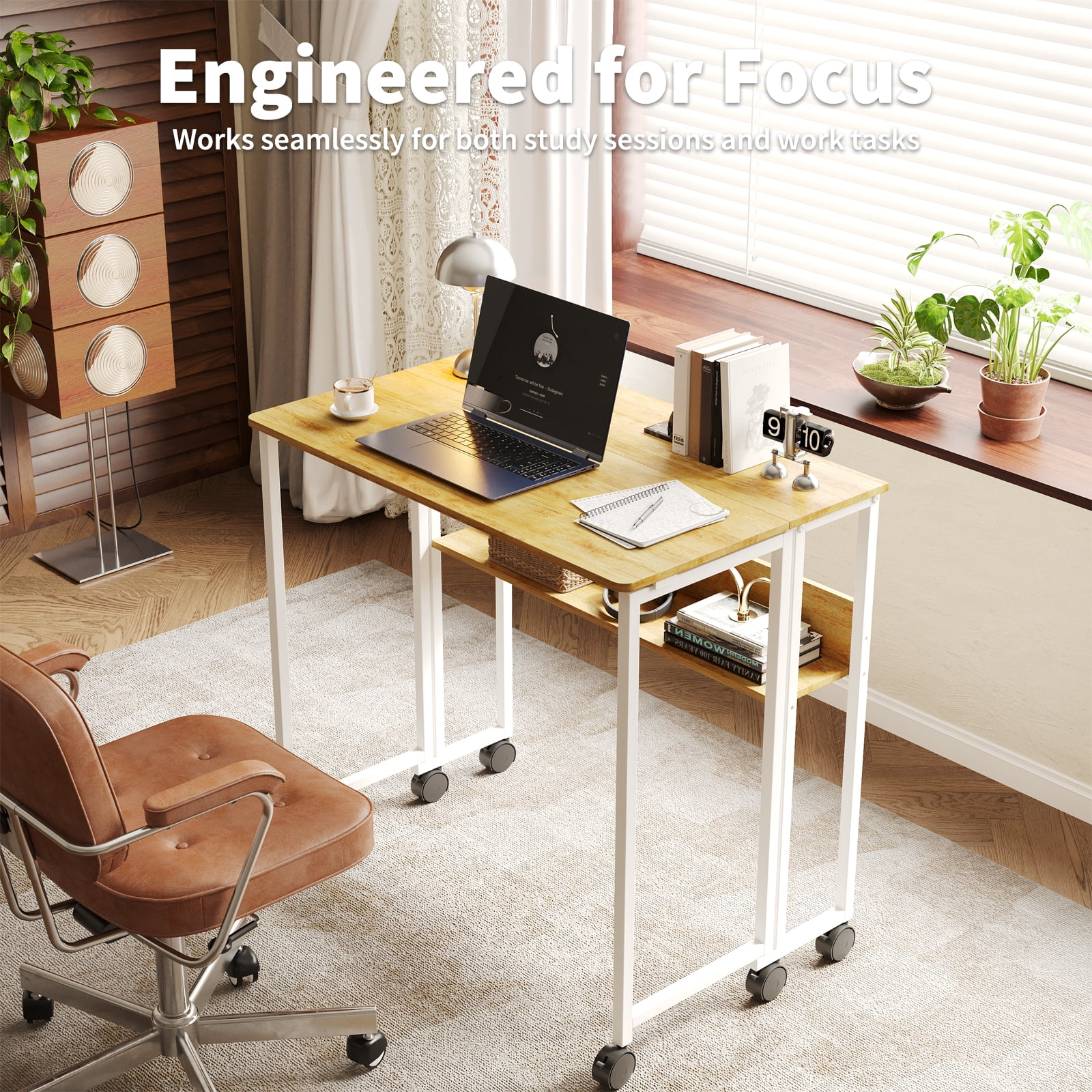 Folding Desk Small Rolling Desk with Storage Shelf,24.8 inch Foldable Computer Desk with Wheels, for Small Spaces, Home Office, Study, Easy Assembly