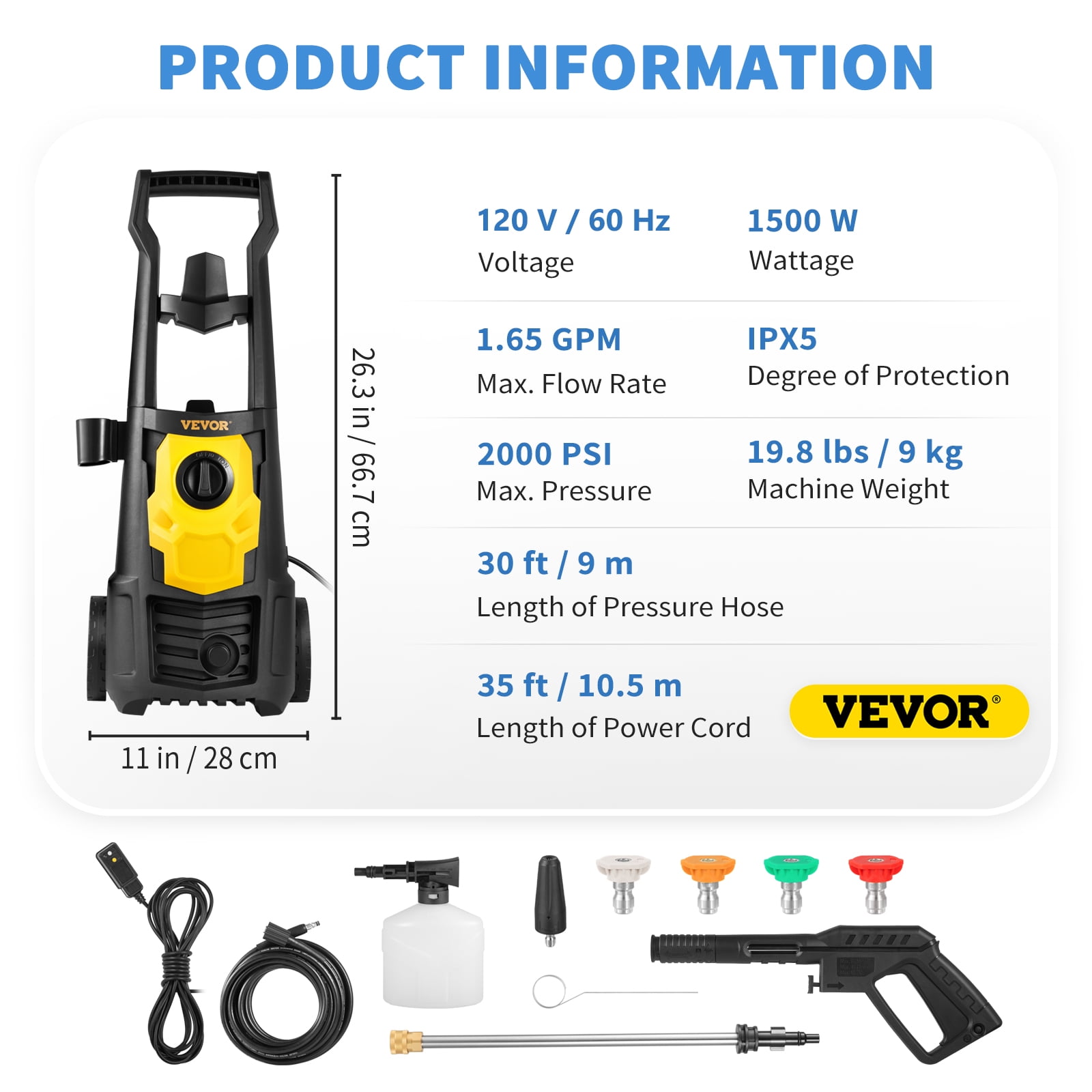 Nettoyeur haute pression électrique VEVOR, 2000 PSI, max. Laveuse électrique  1,76 GPM avec tuyau de