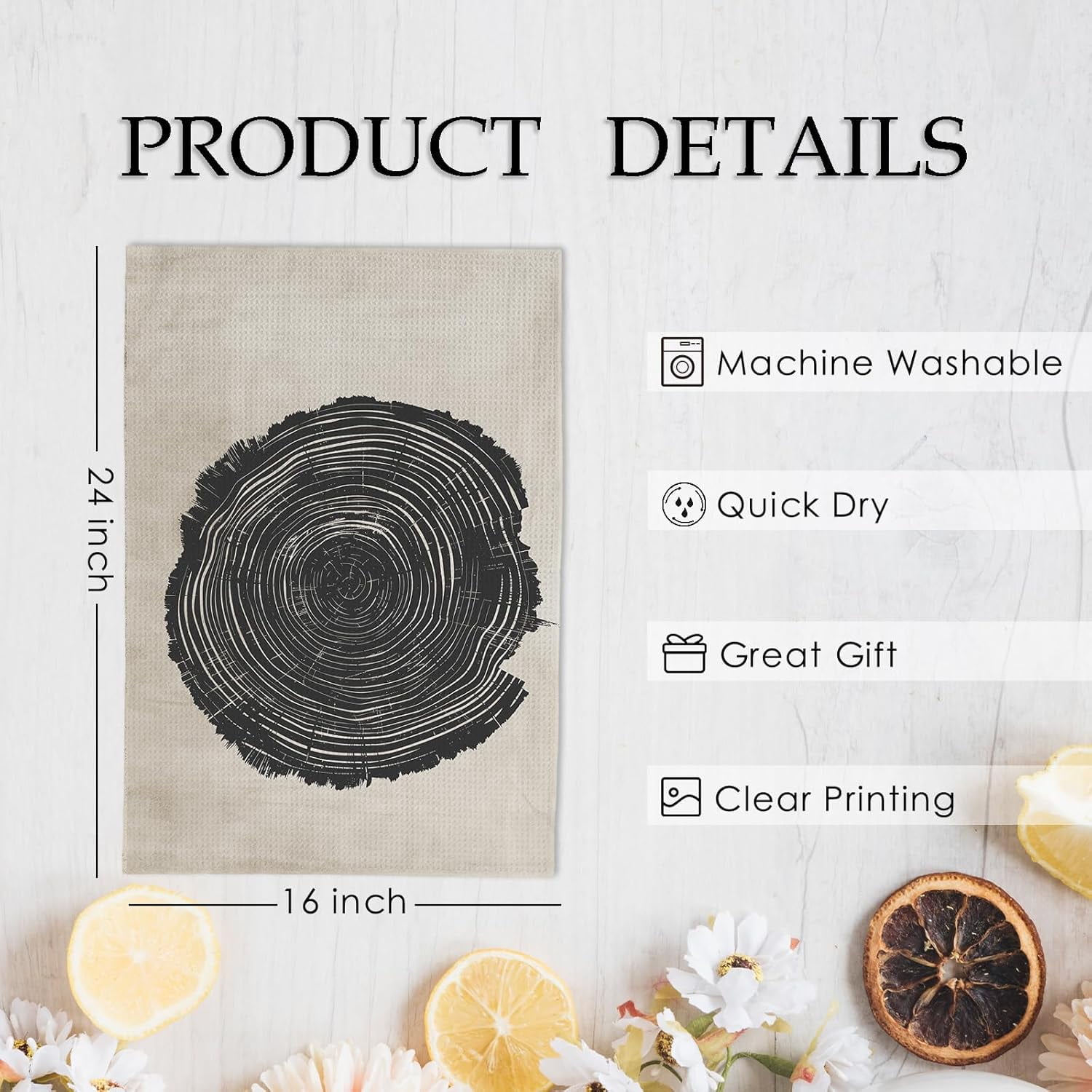 Abstract Tree Rings Decor Kitchen Towels and Dishcloths Set of 2, Black and Beige Dish Towels, Mid Century Rustic Decorative Hand Tea Towels for Bathroom Kitchen, 16×24 Inch