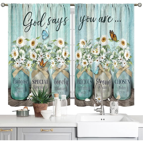 Farmhouse Floral Kitchen Curtains Teal Daisy Rustic Vintage Flower Inspirational Small Short Cafe Window Curtains Wooden Country Quotes Bathroom Tier Window Treatment Drapes Fabric 2 Panels 26x36 Inch