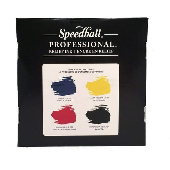 Speedball Professional Relief 4-Color Ink Set, Supergraphic Black, Quinacridone Red, Hansa Yellow, & Phthalo Blue, 8 Ounce Cans