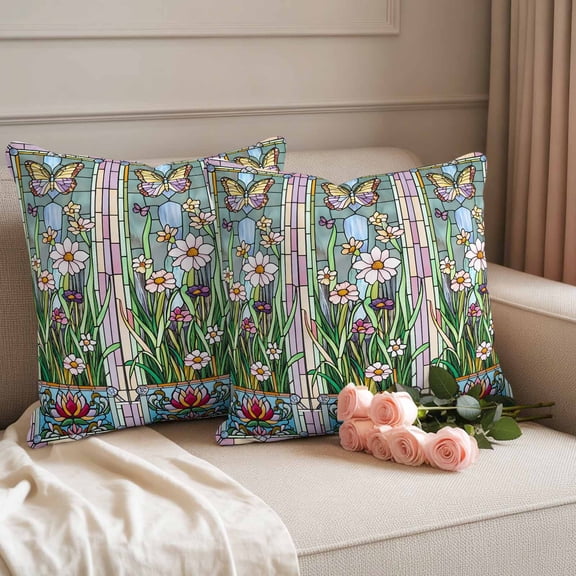 Outdoor Pillow Covers Colorful Flower Spring Butterfly Waterproof Pillow Cases 18x18 Set of 2, Green Leaves Watercolor Throw Pillow Cover Pillowcase for Patio Balcony Couch Garden