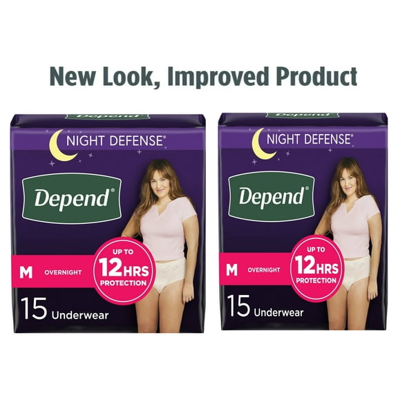 Depend Night Defense Adult Incontinence Underwear for Women, Overnight, M, Blush, 15 Count . 2 Packs , Total 30 Count