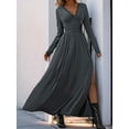 thumbnail image 5 of Women Deep V Neck Long Sleeve Slit 2025 Fall Elegant Formal Wedding Evening Date Prom Maxi Long Dress Dark Gray L, 5 of 7