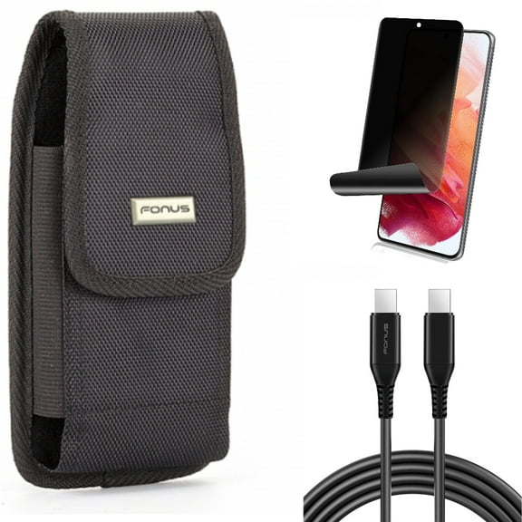 Privacy Screen Protector & 10ft Long USB-C Cable & Case Belt Clip for Samsung Galaxy S22 (6.1") - TPU Film Fingerprint Works & PD Fast Charger Cord Power & Swivel Holster Accessory Bundle