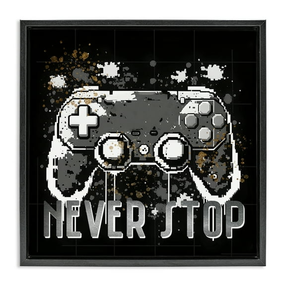 Stupell Industries Never Stop Pixel Controller Entertainment Painting Black Floater Framed Canvas Art Print Wall Art, 18 x 18