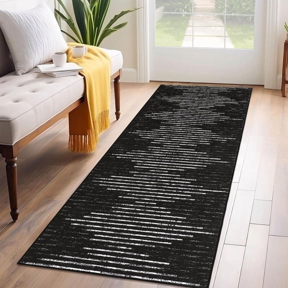 Geetinfly 2x6 Washable Runner Rugs Modern Solid Rug Non-Slip Striped Geometric Rug Stain-Resistant Contemporary Rug Carpet for Hallway Entryway Laundry Room Bedroom Black